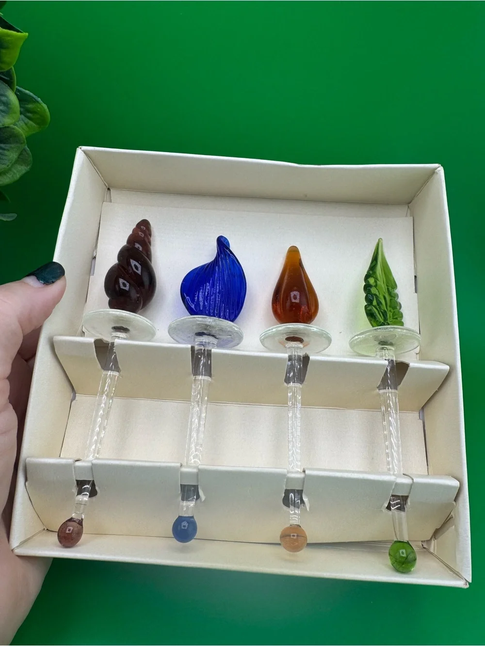 Pier 1 Import Drink Stirrer Art Glass Swizzle Stick Stirrers Barware Leaf Shell